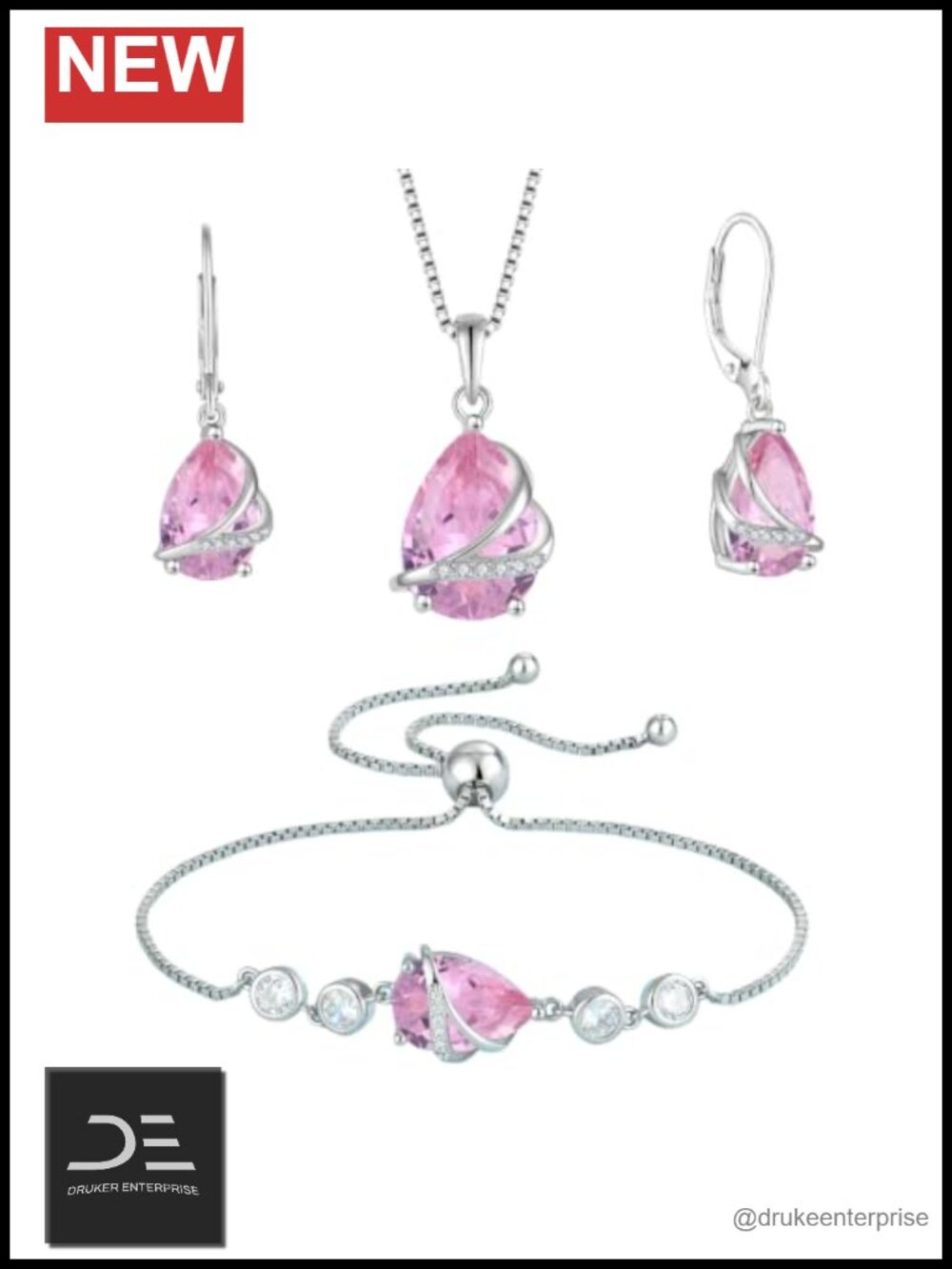Teardrop Pink Tourmaline Jewelry Set 925 Sterling Silver Earrings Necklace